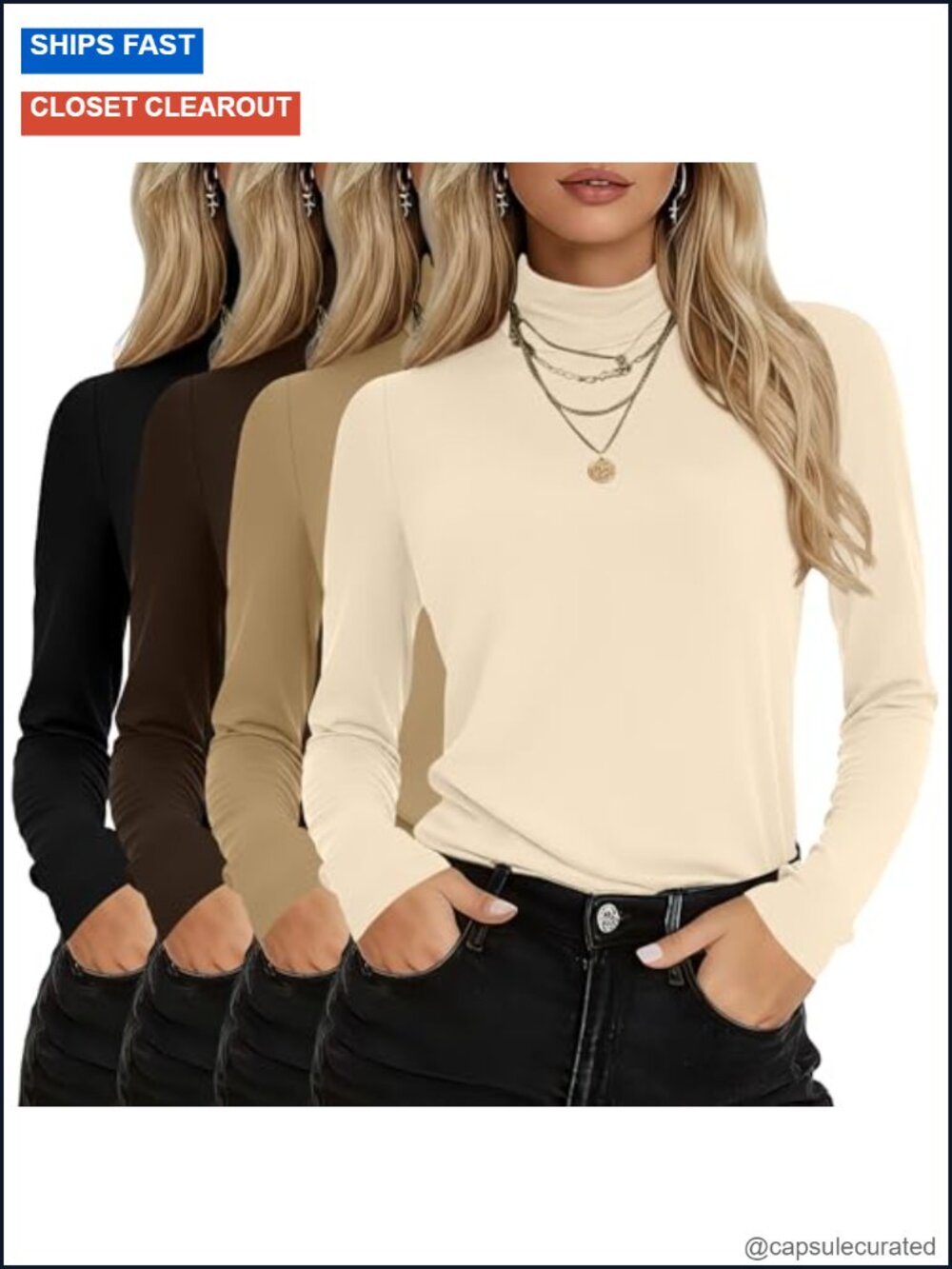 Women's Cotton Turtleneck Long Sleeve Tops 4-Pack
